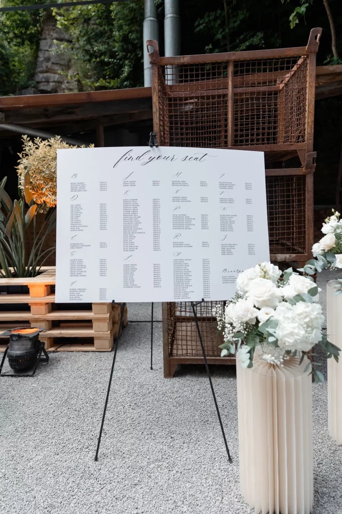 Sitzplan auf Staffelei mit Blumenarrangement