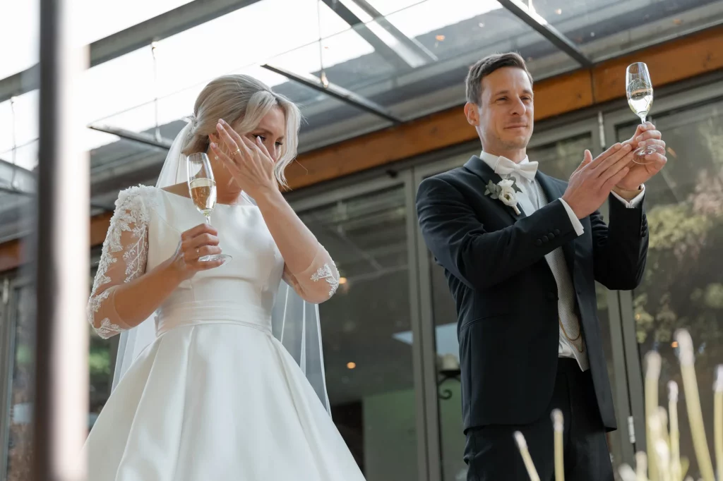 the bride cries with happiness, the groom gives a beautiful speech