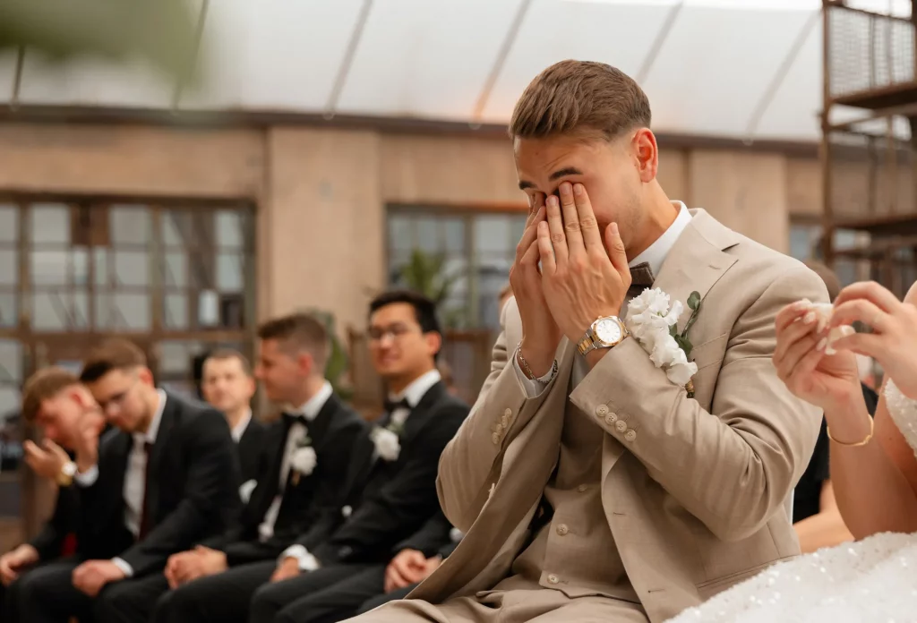 Brautpaar und Gäste bei emotionalem Moment