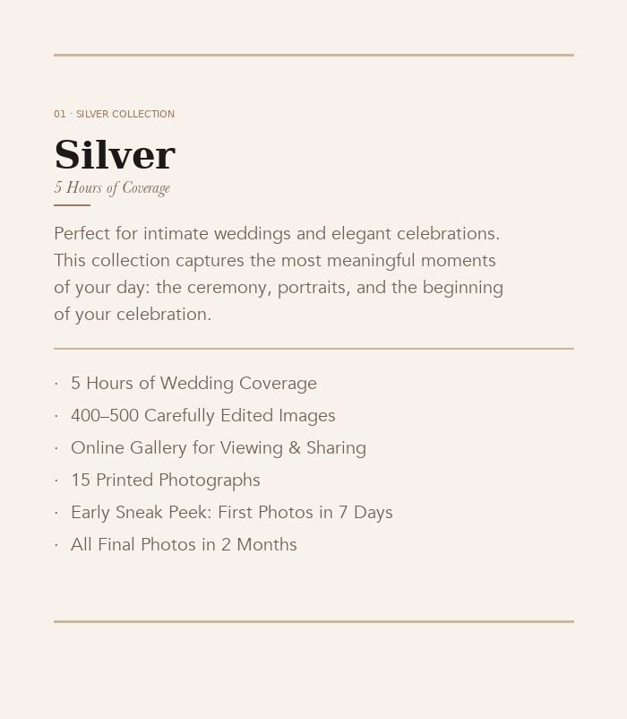 Silver wedding photography package