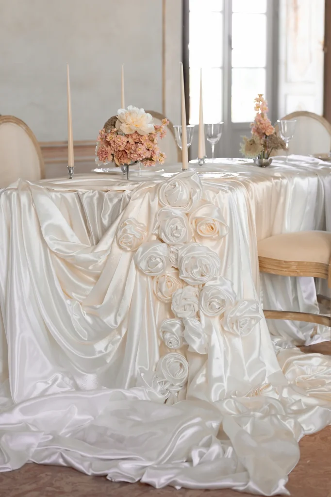 Festtafel mit Seidenstoff, Blumen und Kerzen.